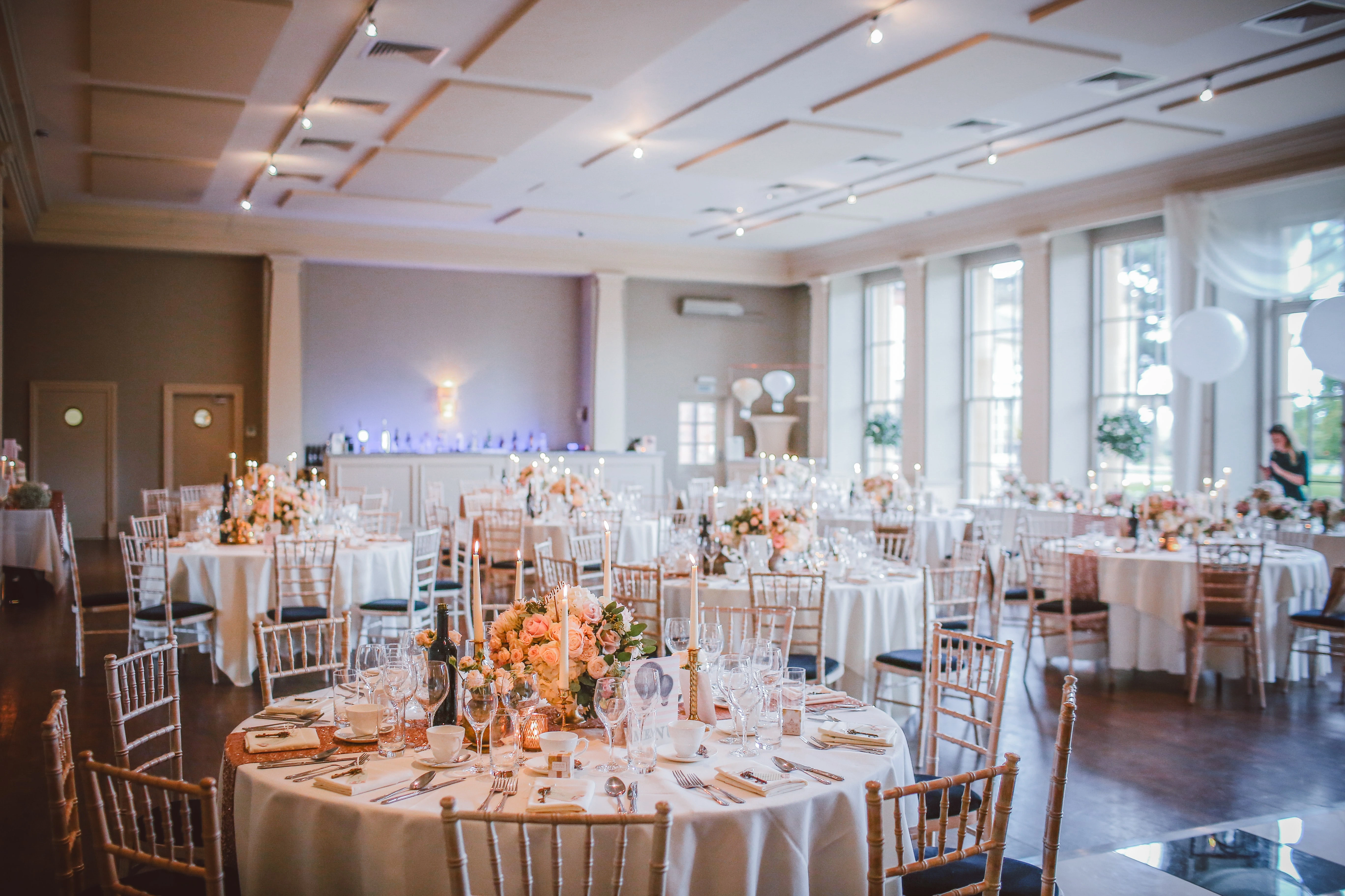 Dining Hall with tables set for wedding reception